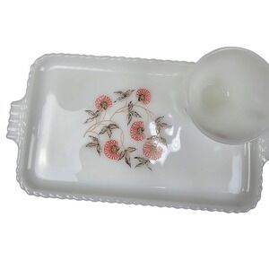 Vintage Milk Glass Snack Set Pink Daisy Floral Tray and Cup Mid Century Modern